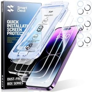 SMARTDEVIL 3-Pack Screen Protector for iPhone 14 Pro Max with 3-Pack Camera Lens Protector, Clear 9H Tempered Glass Film, Super Fast Installation (Dust-Free & Bubble-Free), Alignment Tool
