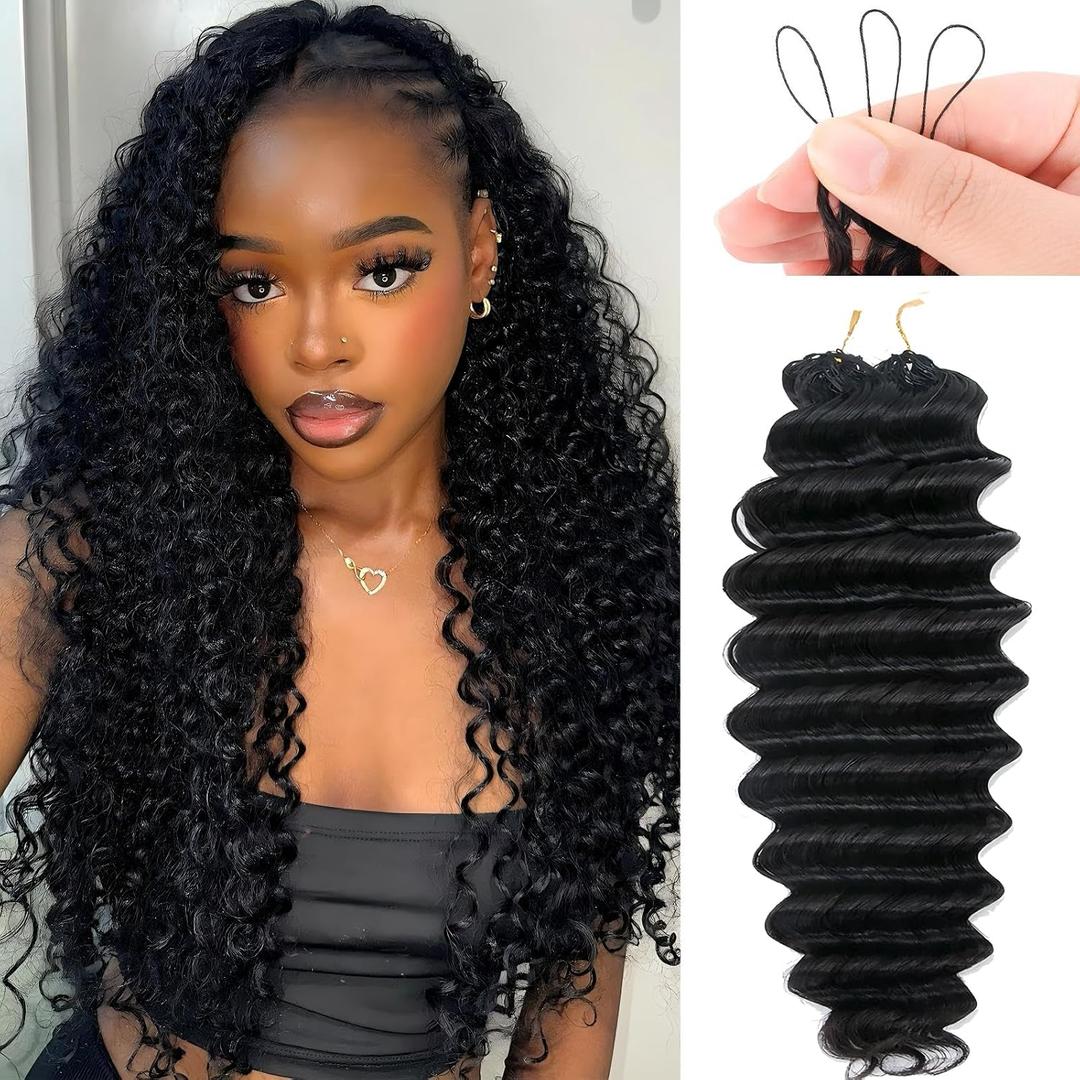 Human Crochet Hair for Black Women 14inch 60g Pre Separated 50Strands Deep Wave Feather Crochet Human Hair Extensions Invisible Miracle Knots Boho Crochet Hair Human Hair Crochet Bundles