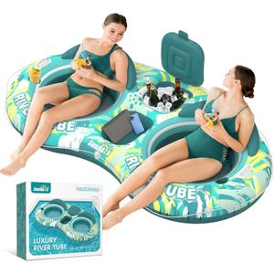 5-in-1 Pool Floats Adult Heavy Duty River Tube, 2 Person Water Lounge with Backrests, Built-in Cooler, Cup Holders, Deluxe Pool Float for Summer Relaxation (Green)