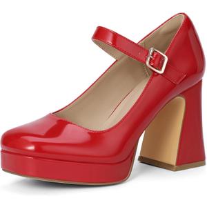 IDIFU IN4 Platform Mary Jane Shoes Women's Pumps High Chunky Square Closed Toe Block Heels Ankle Strap Work Wedding Prom Comfortable Dress Shoes Dressy Cute Heels (6.5, Red Patent)