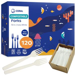 CORAL Ivory White 100% Compostable Forks - 120 Heavy Duty Forks (7.0 inch) - Break Resistant with Smooth Edges, Ocean Friendly Alternative to Plastic Silverware - Biodegradable & Disposable Forks
