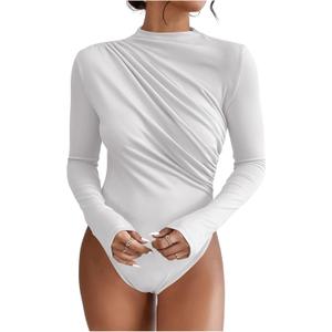 SweatyRocks Women's Bodysuit Mock Neck Casual Ruched Long Sleeve Jumpsuit White L
