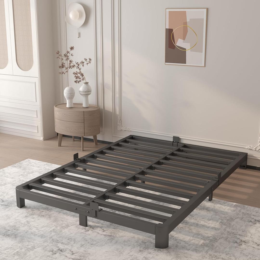 4 Inch Full Bed Frame, Platform Bed Frames with Metal Gaskets, Anti-Slip Mattress Stopper, No Box Spring Needed, Heavy Duty Steel Slat Support, Round Corner Leg, Easy Assembly, Black