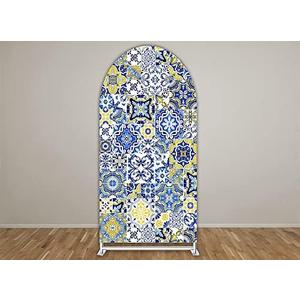 ittsmnt Arch Backdrop Covers Mediterranean Patchwork Tile Theme Arched Background Stand Cover for Birthday Banquet Porcelain Parties Decorations