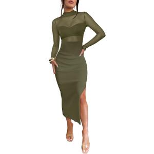 Caracilia Womens Mesh Dress Long Sleeve Mock Neck Bodycon Sheer Going Out Cocktail Night Club Midi Dresses 3 Piece Outfits (Small, Oliva Green)