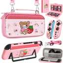 Gurgitat 6in1 Kits Accessories Bundle for Nintendo Switch 2 2025 - Cute Carrying Case, Protective Cover, Joy Con Grips, Thumb Grips, 24 Game Holder, Shoulder Strap Teens Boys Girls, Strawberry