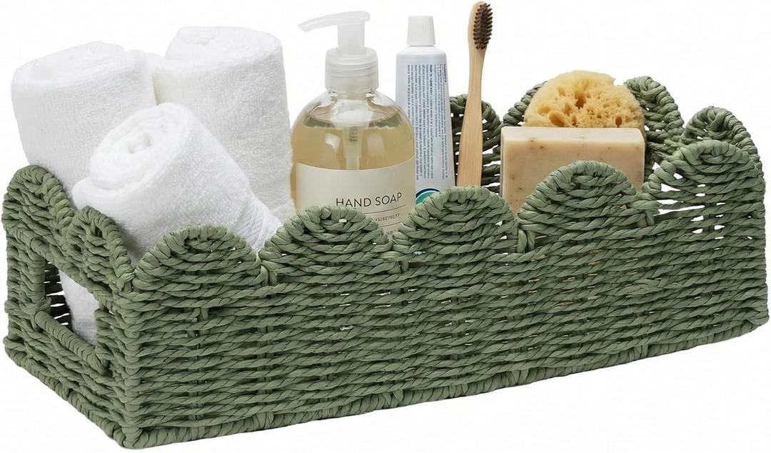 Green Scalloped Basket for Bathroom, Paper Rope Toilet Tank Basket Organizer for Tampon Storage, Tissues & Toiletries, Long Narrow Countertop Basket with Handles for Vanity, Shelf & Bedroom Decor