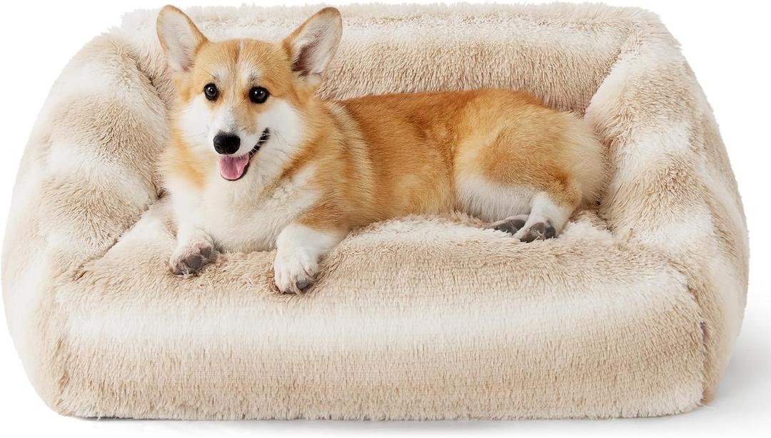 Lesure Dog Bed Medium Size - Cute Furry Calming Puppy Beds, Rectangle Washable Indoor Pet Beds with Removable Zipper Cover, 35x25x11inches, Beige Stripe (Large)