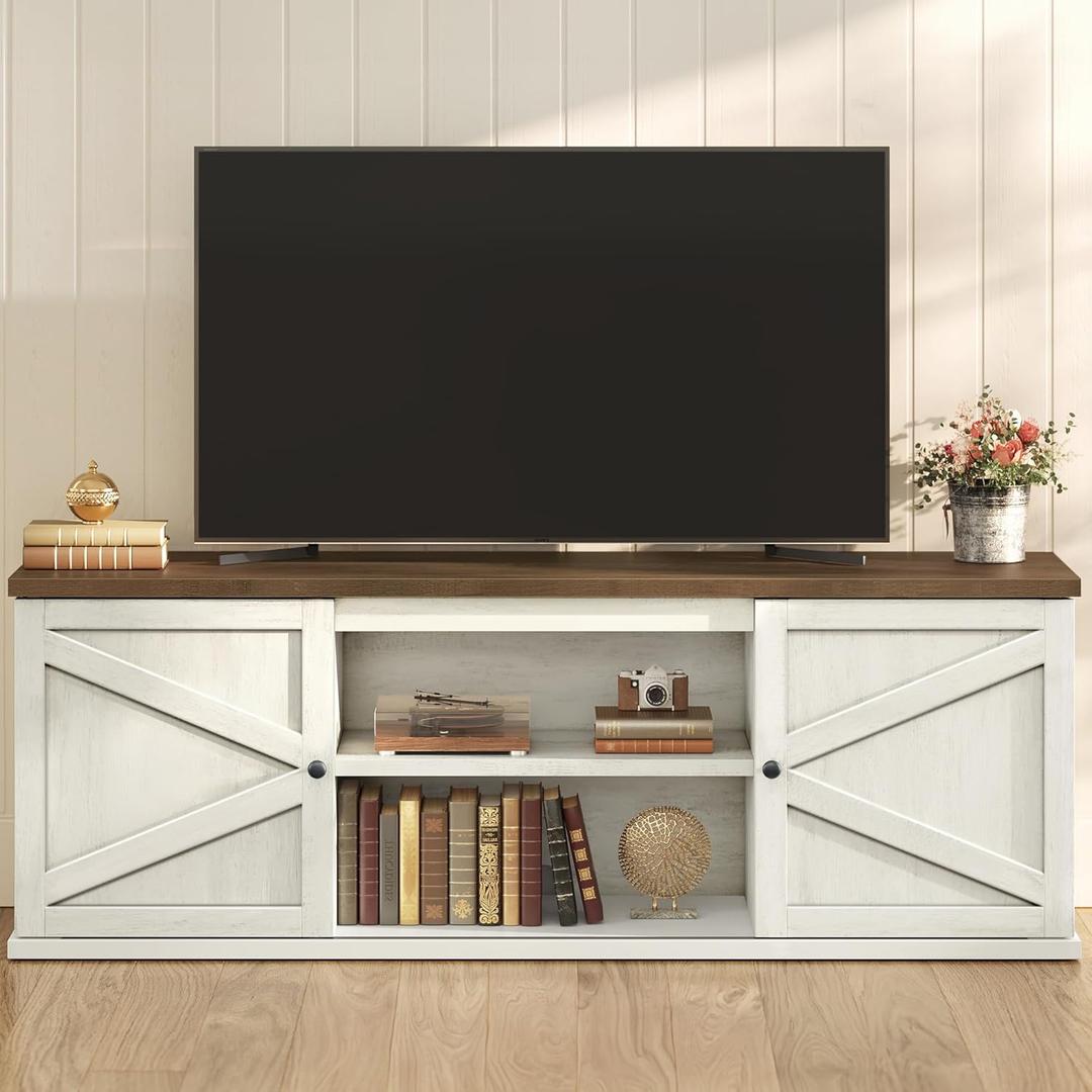 VASAGLE Farmhouse TV Stand for TVs up to 80 Inches, Entertainment Center with Storage Cabinets and Sliding Barn Doors, Media Console Table for Living Room, Rustic White and Honey Brown ULTV537W01