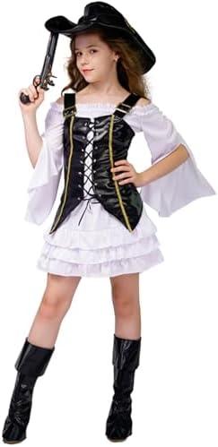 Tempura Little Girl Halloween Costume Pirate Dress Long Sleeve Lace Midi Dress+Cosplay Party Club Vest+Waist Belt+Headwear 14-16Age White