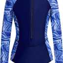 JiAmy Girl's One Piece Rashguard Swimsuit Long Sleeve Zipper UPF 50+ Sun Protection Bathing Suits Swimwear (Blue), Size: 5-6 Years