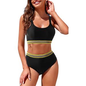 Womens High Waisted Bikini Sets Sporty Crop Top Color Block Swimwear Bandeau Scoop Neck Vintage Two Piece Bathing Suits (Medium, Black Woven)