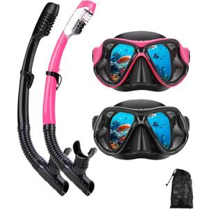Snorkeling Gear for Adults Kids, Dry-Top Snorkel Mask Set, Anti-Fog Scuba Diving Snorkle mask Set Adult Youth, Panoramic Wide View Dive mask, Adjustable Swimming Diving Snorkeling Packages (Black+Pink2 Pack)