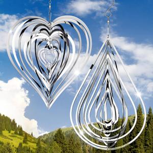 Jetec 2 Pcs Reflective Metal Wind Spinners 3D Stainless Steel Hanging Wind Spinners, Heart, Water Drop, Outdoor Garden Decor, Women Gifts, Bird Devices Deterrent for Outside Yard Patio Farm(Silver)