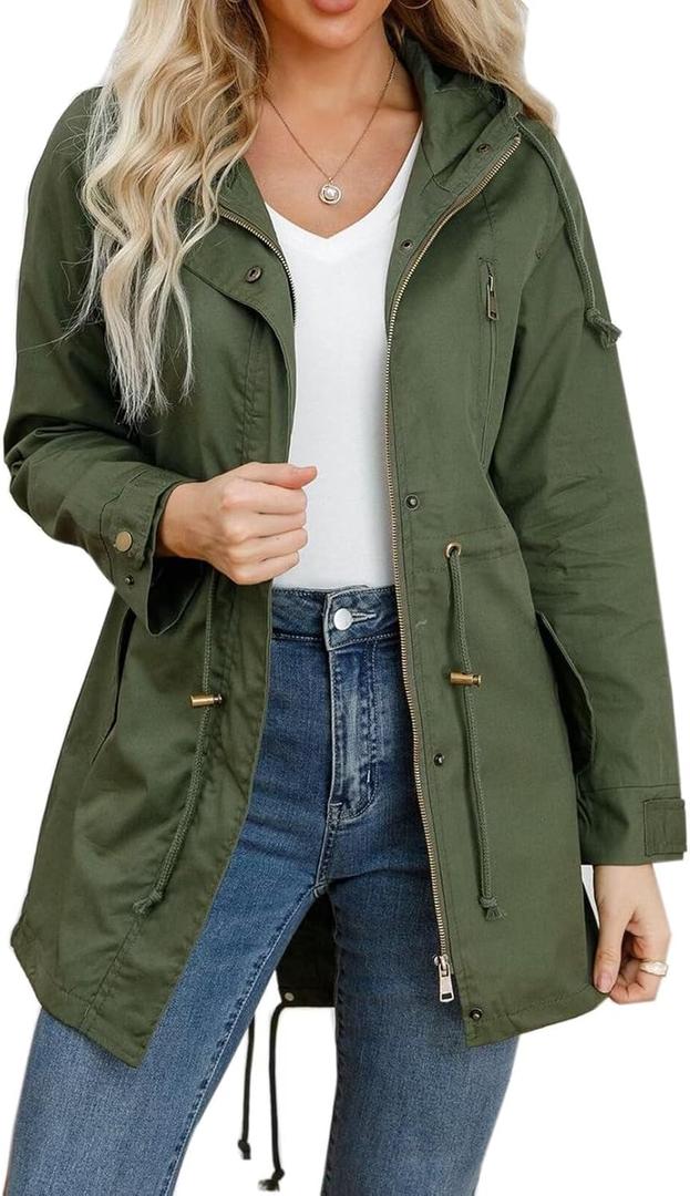 Women's Ligtweight Jackets Anorak Utility Drawstring Waist Hoodie Zip Up Fall Casual Coat with Pockets (Large, Green)