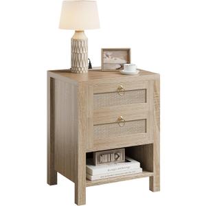Rattan Night Stand with Drawers - Boho Nightstand with Charging Station, Bedside Table with Storage Shelf, Accent Side Table End Tables Living Room, Wood Nightstands for Bedroom, Light Wood