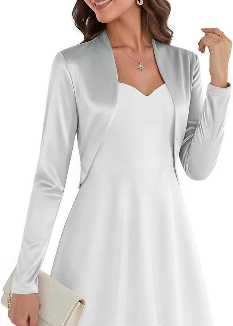 Belle Poque Women Long Sleeve Bolero Shrug Open Front Satin Jacket Ruffled Shrugs for Evening Dresses Formal (XX-Large, Silver)