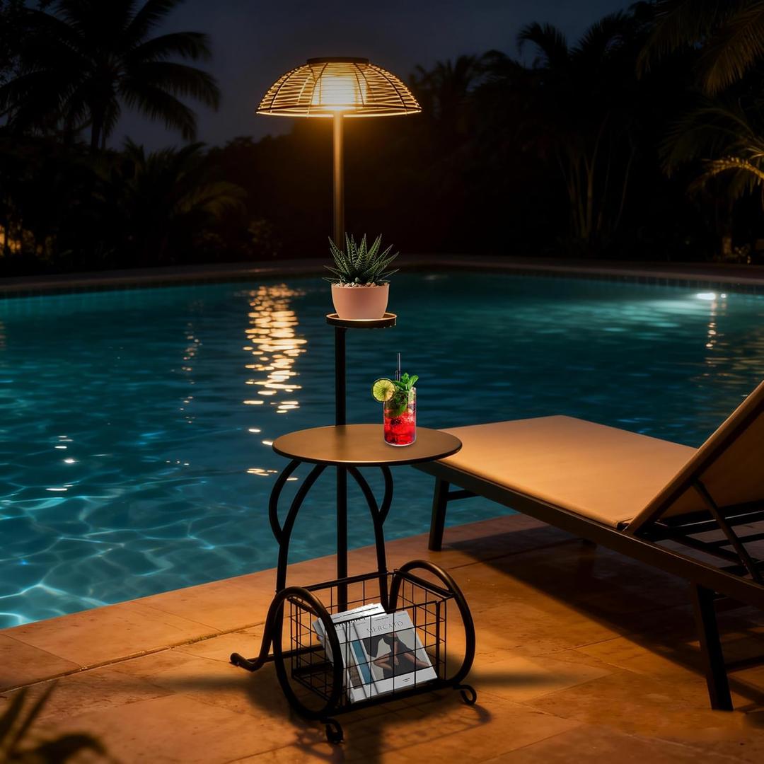 Solar Outdoor Side Table with Light, 52.5'' Waterproof Metal Patio End Table, Solar Powered Accent Table with Auto Light ON/OFF & USB Charging, Pefect for Porch Backyard Poolside Balcony, Black