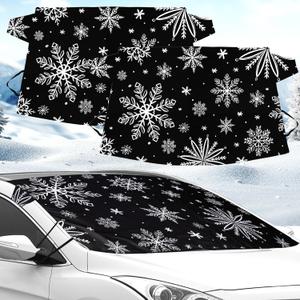 BBTO 2 Pcs Windshield Cover for Ice and Snow 210T Silver Coated Waterproof Frost Cover 69 x 42 Inches All Seasons Windshield Protector with Elastic Straps Snowflake Winter Car Accessories for Cars