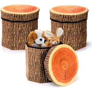 Lawei 3 Pack Tree Stump Storage Stools, 12 x 12 Inches Folding Stool Ottoman with Foam Cushion, Collapsible Storages Seat Chest, Vintage Storage Toy Box Wood Stump Organizer Stools for Toy