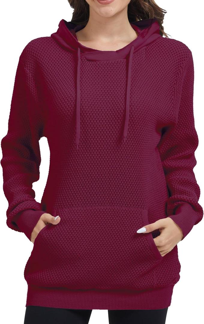 Womens Hoodie Sweatshirt Loose Fit Crew Neck Pullover Sweater with Pocket Ribbed Cuffs Fall Tops (Red, L)