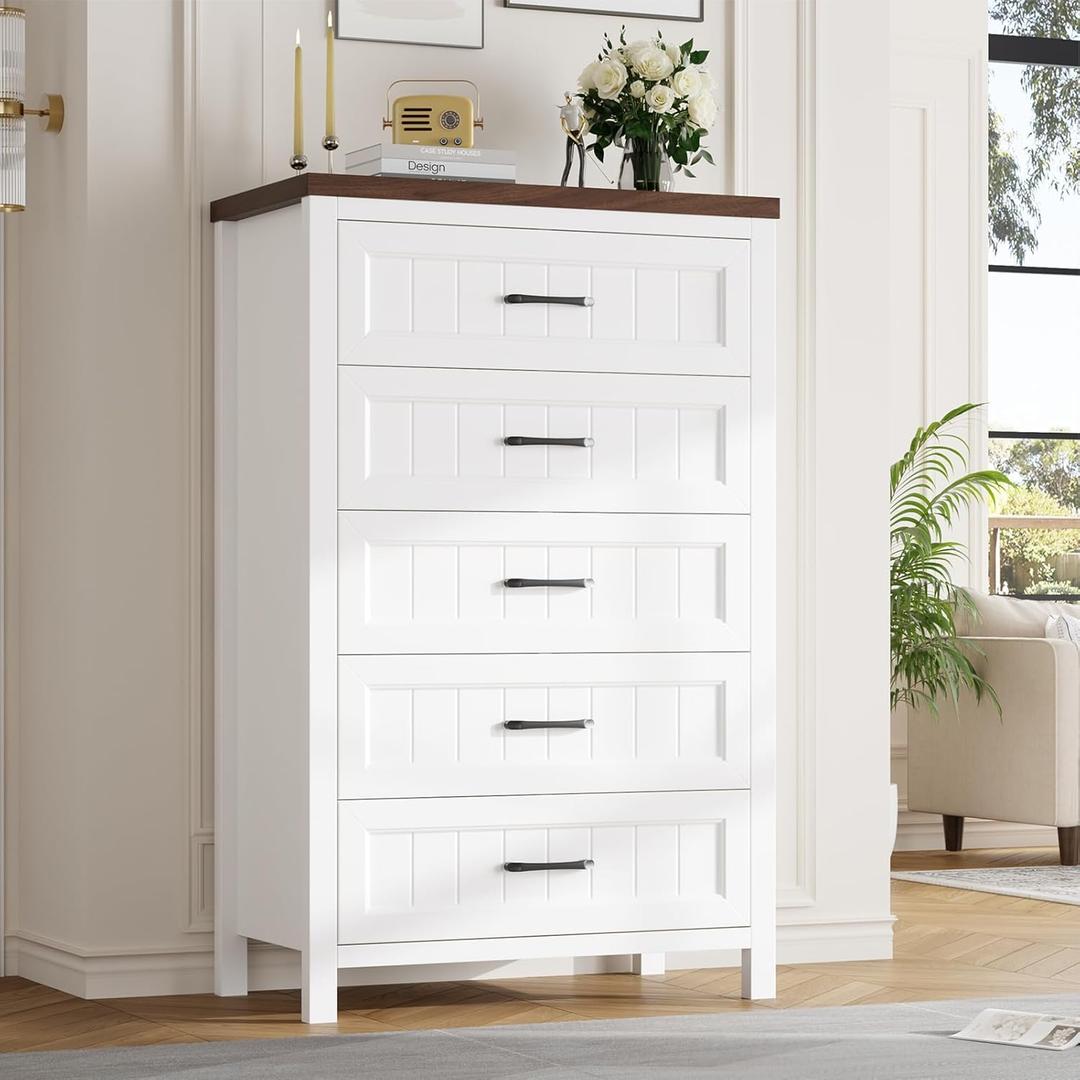 Jocoevol Elegant Farmhouse 5 Drawer Dresser for Bedroom - Tall Chest of Dresser with Spacious Storage, Solid Wood Construction for Living Room, Hallway & Entryway - White & Brown