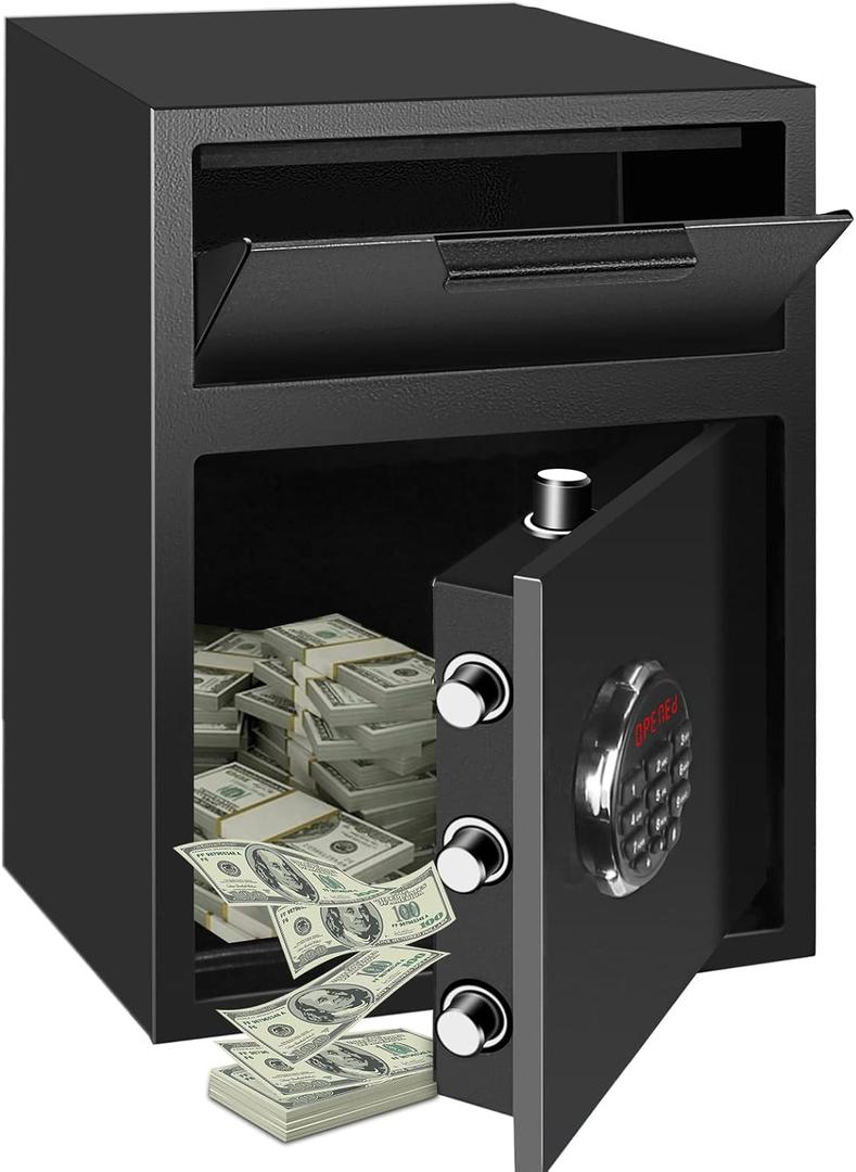 Depository Drop Safe, Deposit Cash Lock with Electronic Keypad Combination & Key Backup, with Metal Hardwheel, Digital Screen & 5 Reinforced Lockbolt