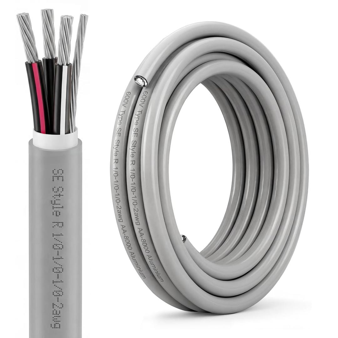 Relaxweex 25' 1/0-1/0-1/0-2 SER Aluminum Service Entrance Cable, Stranded 600V Electrical Wire for Above Ground Feeder/Panel