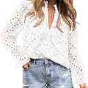 PRETTYGARDEN Women's Dressy Casual Blouse Tops Fall Spring Puff Long Sleeve Button V Neck Hollow Out Lace Embroidered Shirts (Small, White)