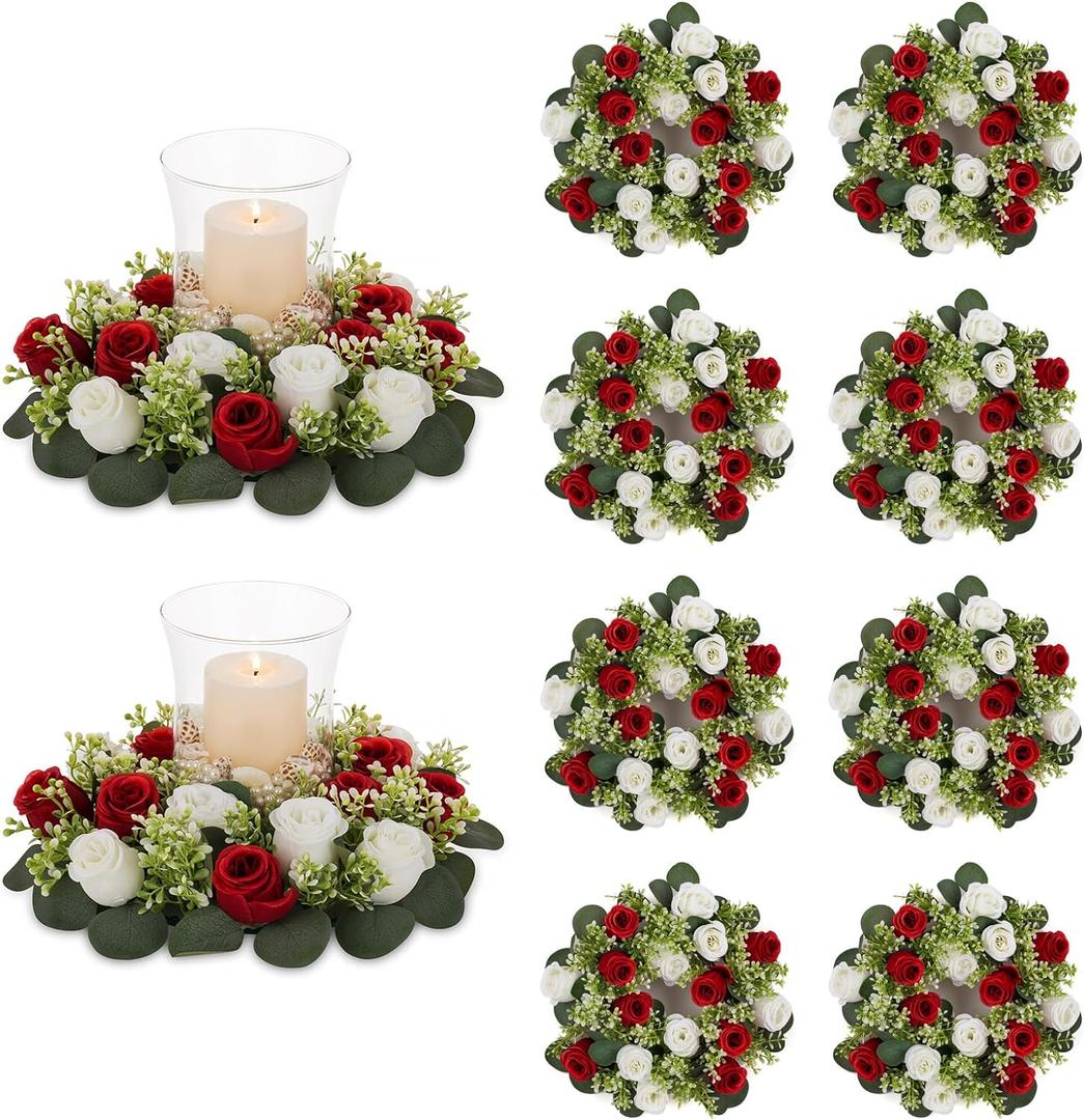 NUPTIO Flower Wedding Centerpieces for Tables - 10 Pcs 14 inch Diam Large Crimson & White Artificial Flowers Fake Roses Candle Rings Wreaths Spring Summer Wreath for Front Door Weddings Party Decor