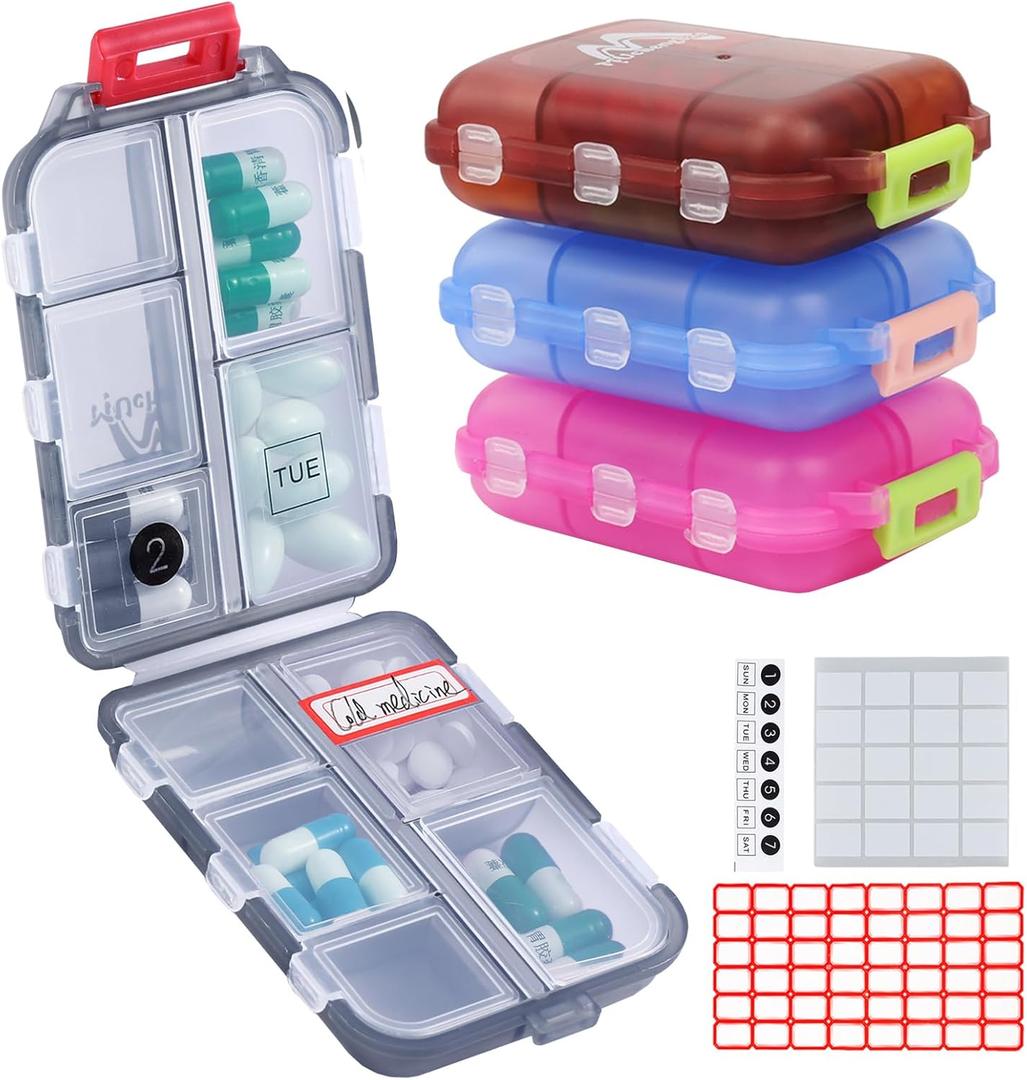 4PS Travel Pill Organizer with 164 Slice Labels10 Compartments Travel Pill Box Portable Folding Small Pill Case Daily Pill Container Used for Carry Storage Medicine Organizer by M MUchengbao (Dark Red + Gray + Pink + Blue)
