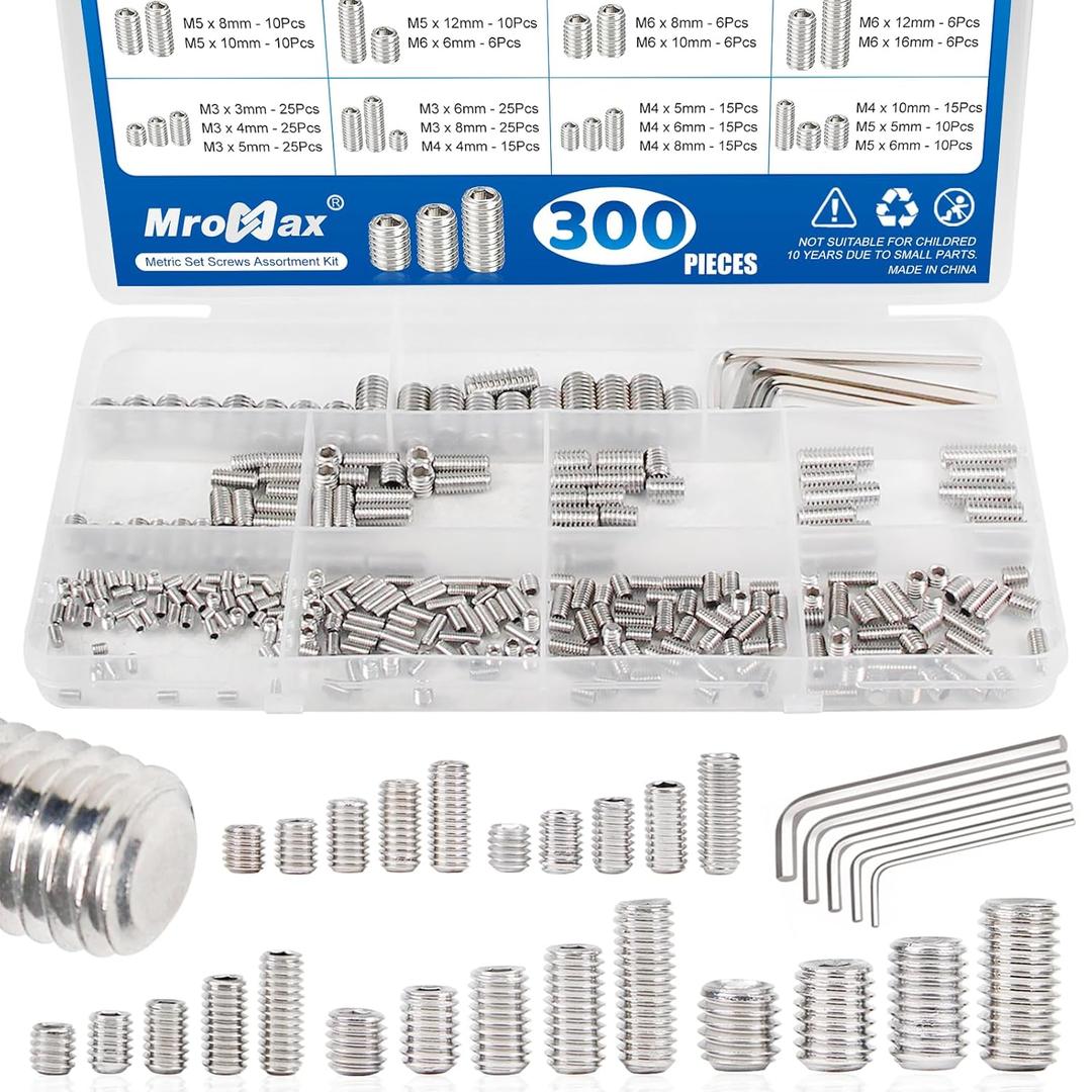300Pcs Metric Set Screws Assortment Kit, 24 Sizes - M3 M4 M5 M6 M8 Set Screw, 3mm-16mm Lengths, Stainless Steel Internal Hex Drive Grub-Point Screw for Door Knob, Faucets and Light Fixture