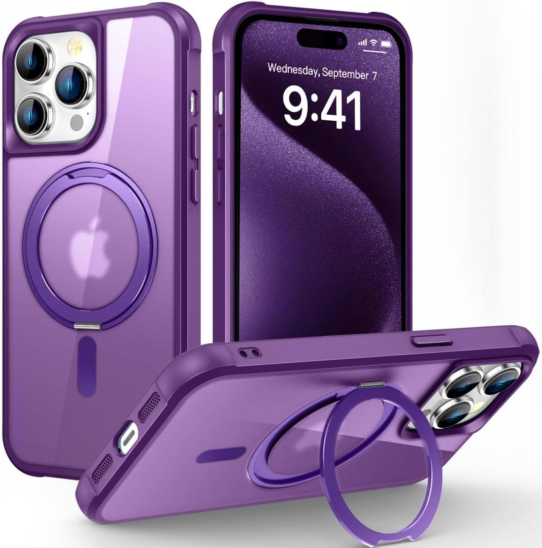 Designed for iPhone 15 Pro Max Case with 360 Rotatable Magnetic Ring Stand [Compatible Mag-Safe] [Military Grade Protection] Translucent Matte Phone Cases for Women Men 6.7'', Purple
