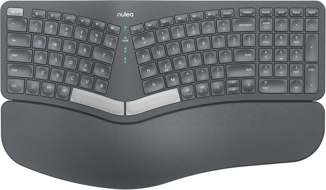 Nulea RT05B Bluetooth Ergonomic Split Keyboard, Wireless USB-C Rechargeable with Cushion Wrist Rest, Compatible Windows Mac (D-Grey)