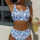 ZAFUL Women's High Waisted Swimsuit Scoop Neck Textured Floral Bikini Set 2 Piece Bathing Suit (Brown)