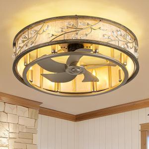 WWM Flush Mount Caged Ceiling Fan with Light and Remote, 24" Crystal Low Profile Ceiling Fans with Reversible Motor, Modern Small Bladeless Fan for Bedroom Kitchen Living Room (8 E12 Bulb Include) (24-in Distressed Beige Crystal)