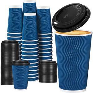 Lamosi 16 OZ Disposable Coffee Cups with Lids 50 Pack, Paper Insulated Corrugated Ripple Wall Cup for Hot Beverages (Blue)