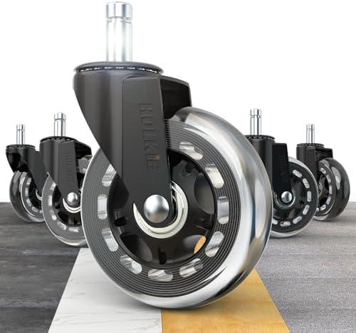 HOLKIE Office Chair Wheels Compatible with 1KEA 10x22mm Transparent ONLY 3 Inch Roller Blade Casters, Computer Gaming Replacement Rubber Wheels-Set of 5 for Hardwood Floors Desk Chair Rolling