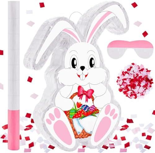 Lewtemi Easter Bunny Piñata White Cute Rabbit Piñata with Large Ears Cartoon Bunny Rabbit Piñata with Stick Blindfold Confetti for Birthday Easter Party Games Activities Supplies