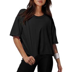 XIEERDUO Cotton Tshirts for Women Drop Shoulder Round Neck Oversized Crop Tops Workout Tops Tees (Black, 2XL)