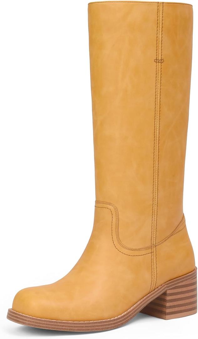 Mid Calf Boots for Women Chunky Block Heel Womens Tall Boots Square Toe Comfortable Casual Boots Low Heel Trendy Stylish Boots (7)