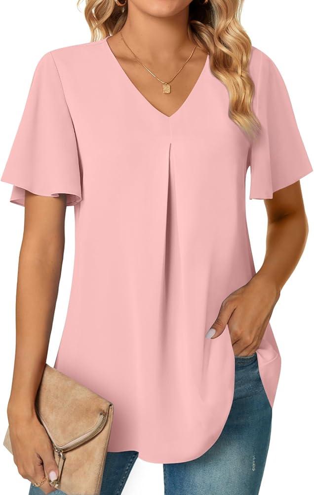 Women's Summer Tunic Tops Dressy Casual Chiffon Blouses Plus Size Short Sleeve T-Shirts for Leggings, Rose, Size: M
