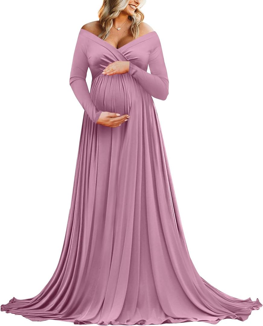Saslax Maternity Off Shoulders Half Circle Gown for Baby Shower Photo Props Dress (Medium, Mauve 64)