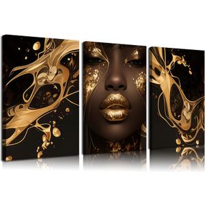 3 Pcs Black Gold Woman Canvas Wall Art African American Black Girl Wall Decor Pictures Abstract Black Gold Female Poster Print Artwork for Living Room Bedroom Scene Home Decoration Prepare To Hang