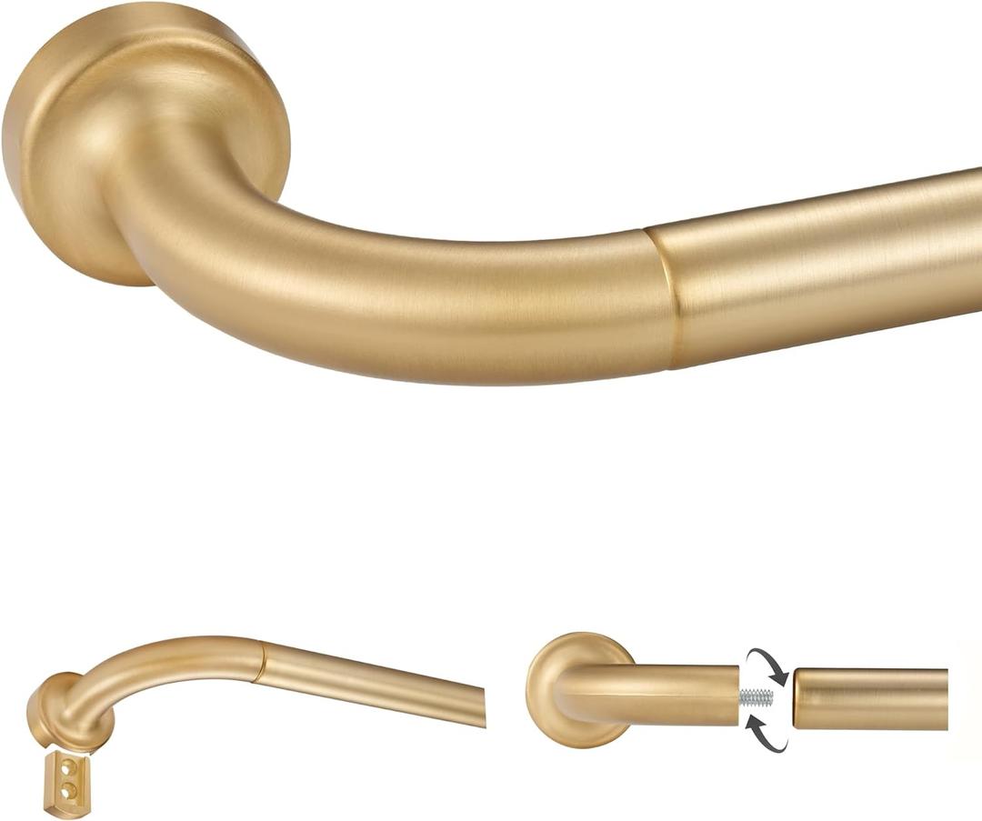 Warm Gold Disc Curtain Rods, 84-144 Inches Window Curtain Rod,Adjustable Room Darkening Curtain Rod with Aluminum Finials and Brackets,Wrap Around Design