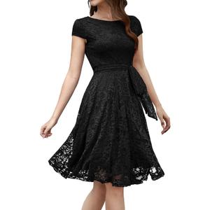 MUADRESS Women's Lace Cocktail Wedding Party Dress (XX-Large, Round Neck-Black)