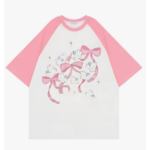 Harajuku Kawaii Clothes Casual Soft Crewneck Raglan Sleeve Cute Cartoon Graphic Bunny with Bows Print T-Shirt, M