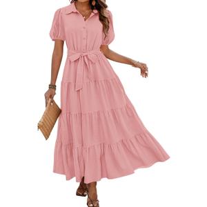 dowerme Womens Summer Dresses 2025 Short Sleeve Button Tie Waist Beach Vacation Clothes Boho Flowy Tiered Maxi Sundress (XX-Large, Grey Pink)