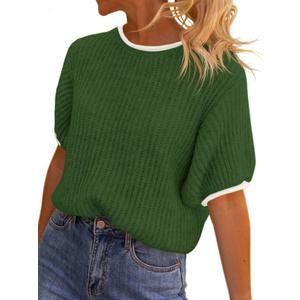Saodimallsu Womens Puff Short Sleeve Sweater Tops Spring Summer Color Block Ribbed Knit Crew Neck Going Out Shirts (Green, L)