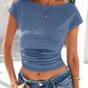 PRETTYGARDEN Women's Ruched Crop Tank Tops 2025 Summer Trendy Cap Sleeve Ribbed Knit Basic Fitted Going Out Tee Shirts (Grey Blue, Large)